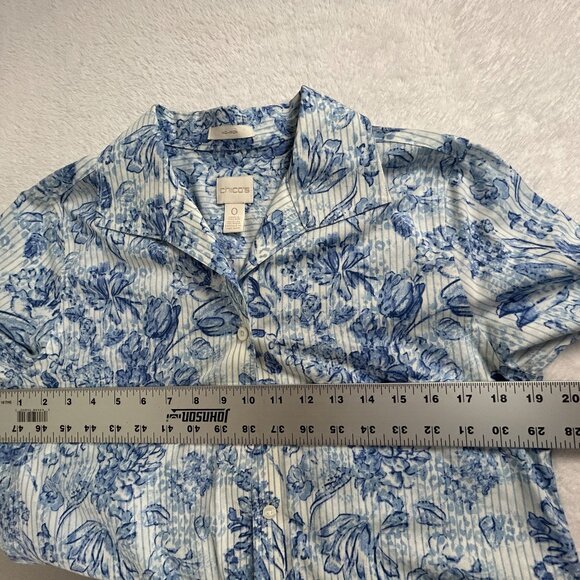 Chico's Womens Blue & White Floral No-Iron Long Sleeve Button-Up Shirt Size 0 - Picture 7 of 9